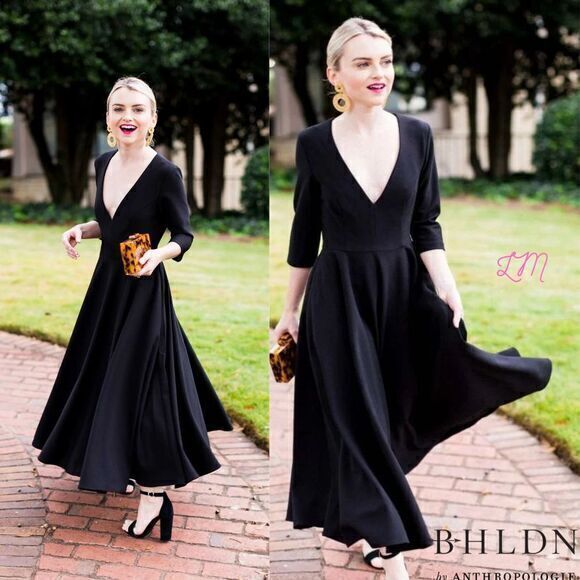 BHLDN NEW Anthropologie Valdis Black Deep V Crepe 3/4 Sleeves Tea Length Dress 4